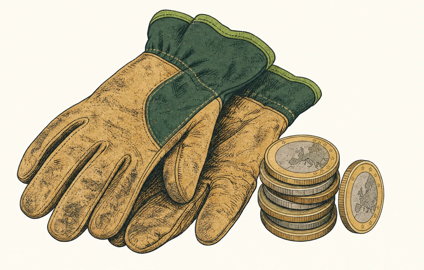 Illustration im Scheel-Stil: getragene Lederhandschuhe neben einem Stapel Euro-Münzen auf cremefarbenem Grund