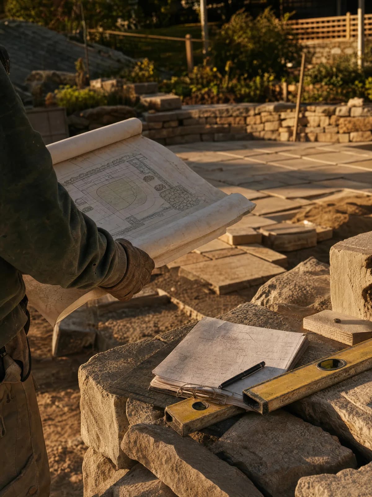 Hände halten einen Bauplan über einer frisch gesetzten Natursteinmauer, daneben liegen Wasserwaage und Notizbuch im Abendlicht