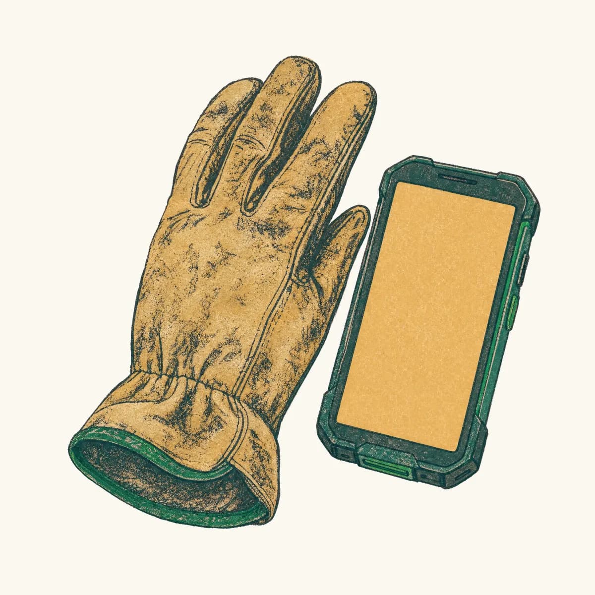 Illustration: ein getragener Arbeitshandschuh neben einem Handy