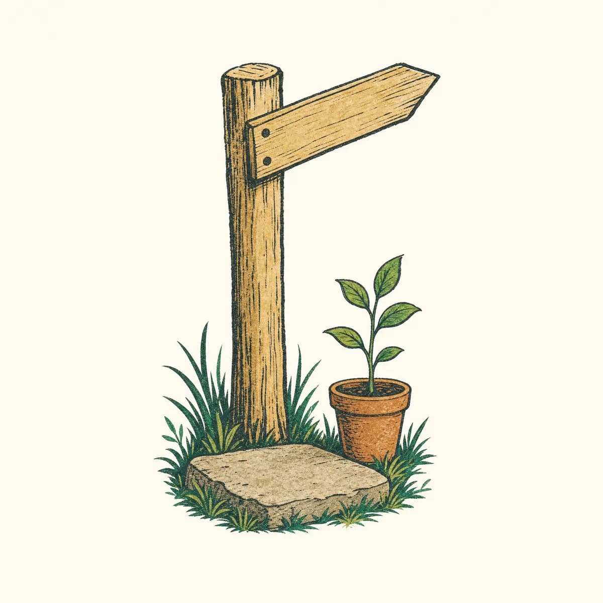 Illustration: ein hölzerner Wegweiser zeigt nach vorn, an seinem Fuß ein junger Setzling im Topf und ein Naturstein.