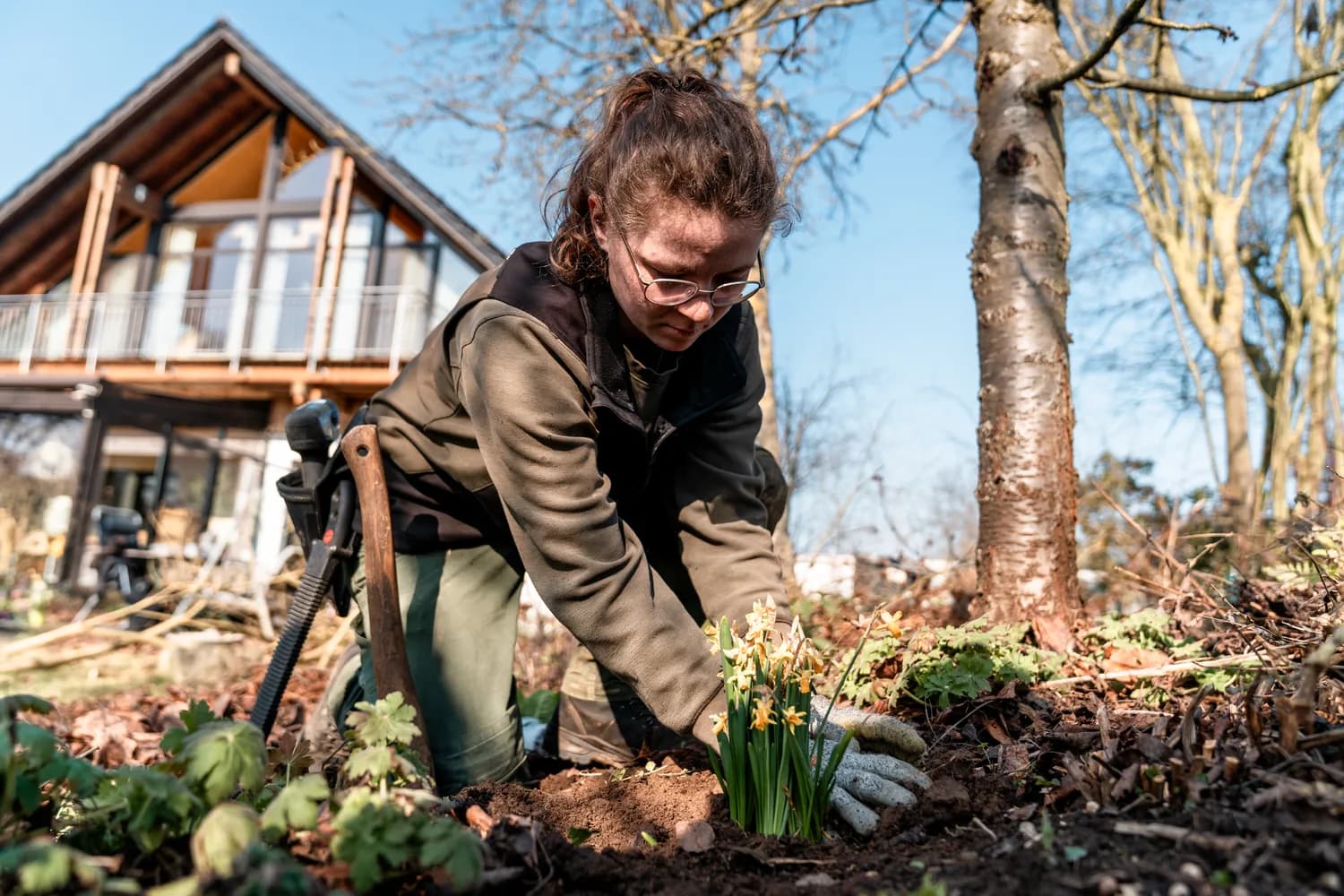 Eine Mitarbeiterin der Scheel-Gärten pflanzt bei der Arbeit im Garten Frühlingsblumen ein.
