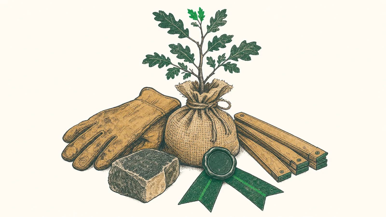 Illustration im Scheel-Stil: getragene Lederhandschuhe, ein junger Setzling mit Ballen in Jute, ein Naturstein-Reststück, ein zusammengeklappter Zollstock und ein schlichtes Wachssiegel-Medaillon — ein echter Beruf mit Zukunft.