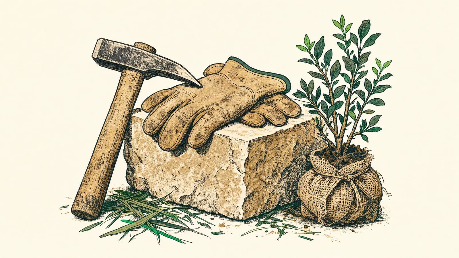 Illustration im Scheel-Stil: ein gut getragener Pflasterhammer lehnt an einem frisch gesetzten Naturstein-Stück, darauf ein Paar robuste Lederhandschuhe, daneben ein kleiner junger Setzling im Ballen und ein paar Grashalme am Fuß — Handwerk, das am Abend bleibt.