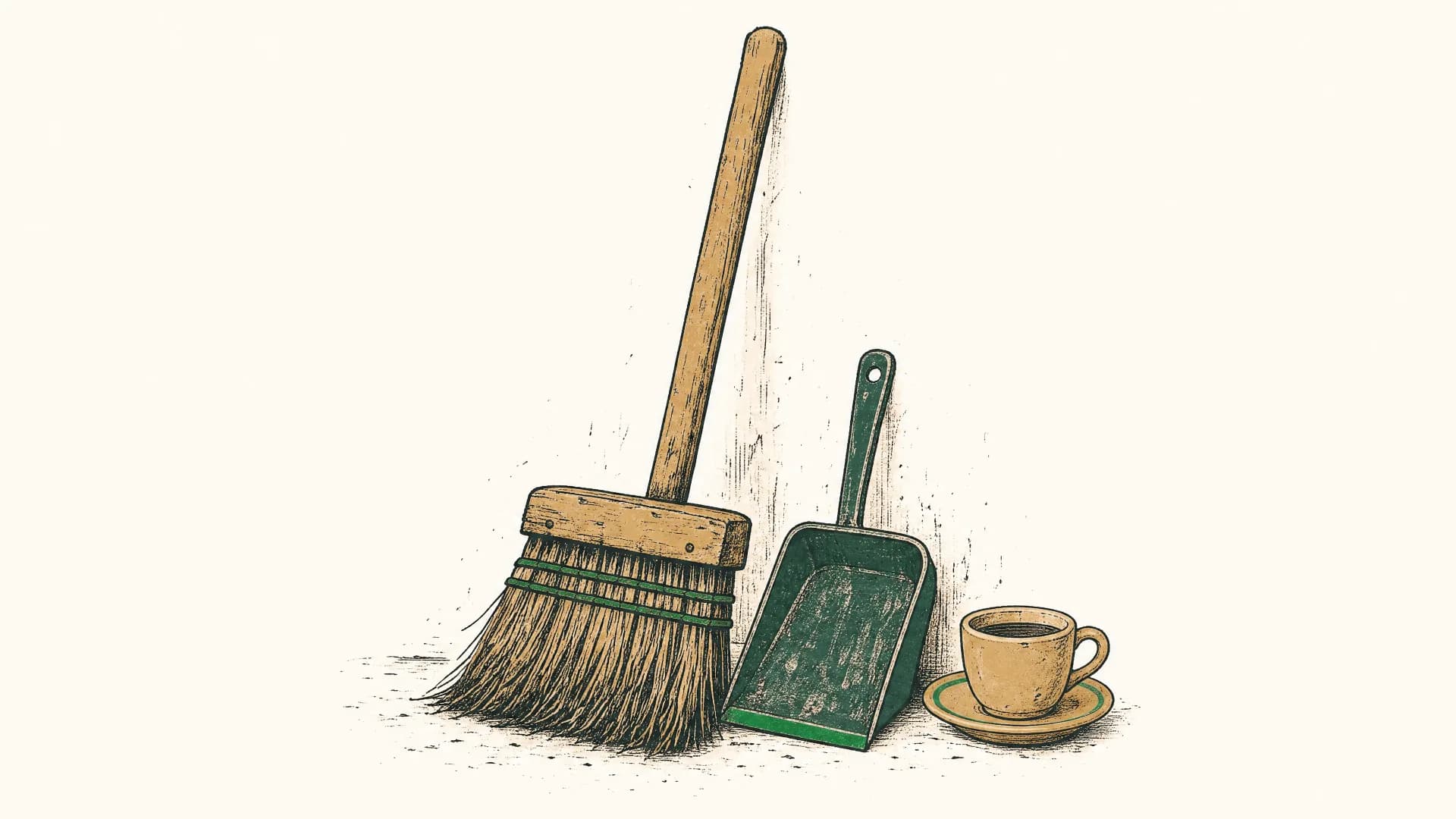Illustration im Scheel-Stil: ein an die Wand gelehnter Besen mit Kehrblech, daneben eine einzelne Kaffeetasse. Sinnbild für die Gofer-Jahre: Kaffee holen und zusehen statt anpacken.