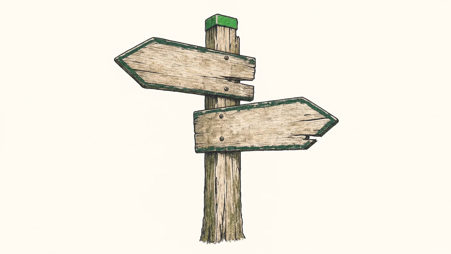 Illustration im Scheel-Stil: ein verwitterter Holz-Wegweiser mit zwei blanken Pfeilschildern in entgegengesetzte Richtungen. Sinnbild fürs Abwägen und Vergleichen.