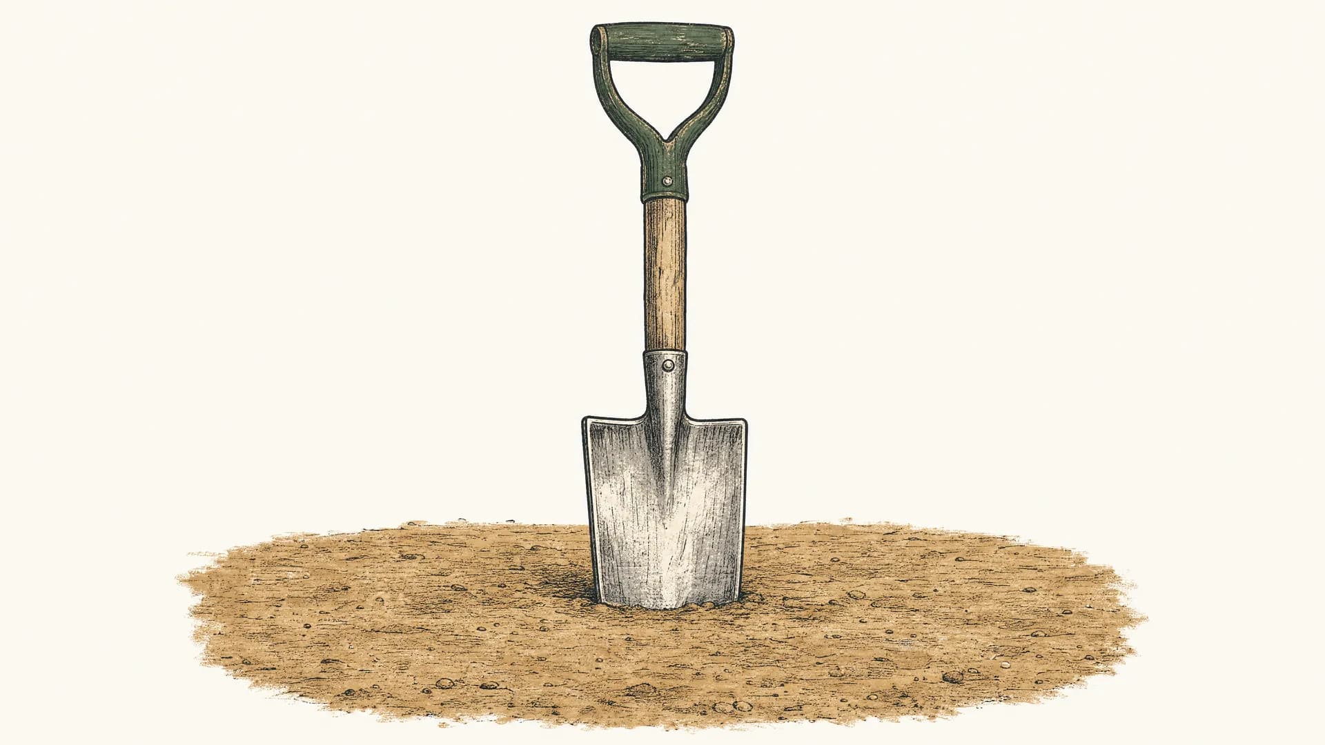 Illustration im Scheel-Stil: ein Spaten steckt aufrecht in frisch aufgeworfener, wieder glatt gestrichener Erde, ein zugeschütteter Graben. Sinnbild für Maloche, von der am Abend nichts sichtbar bleibt.