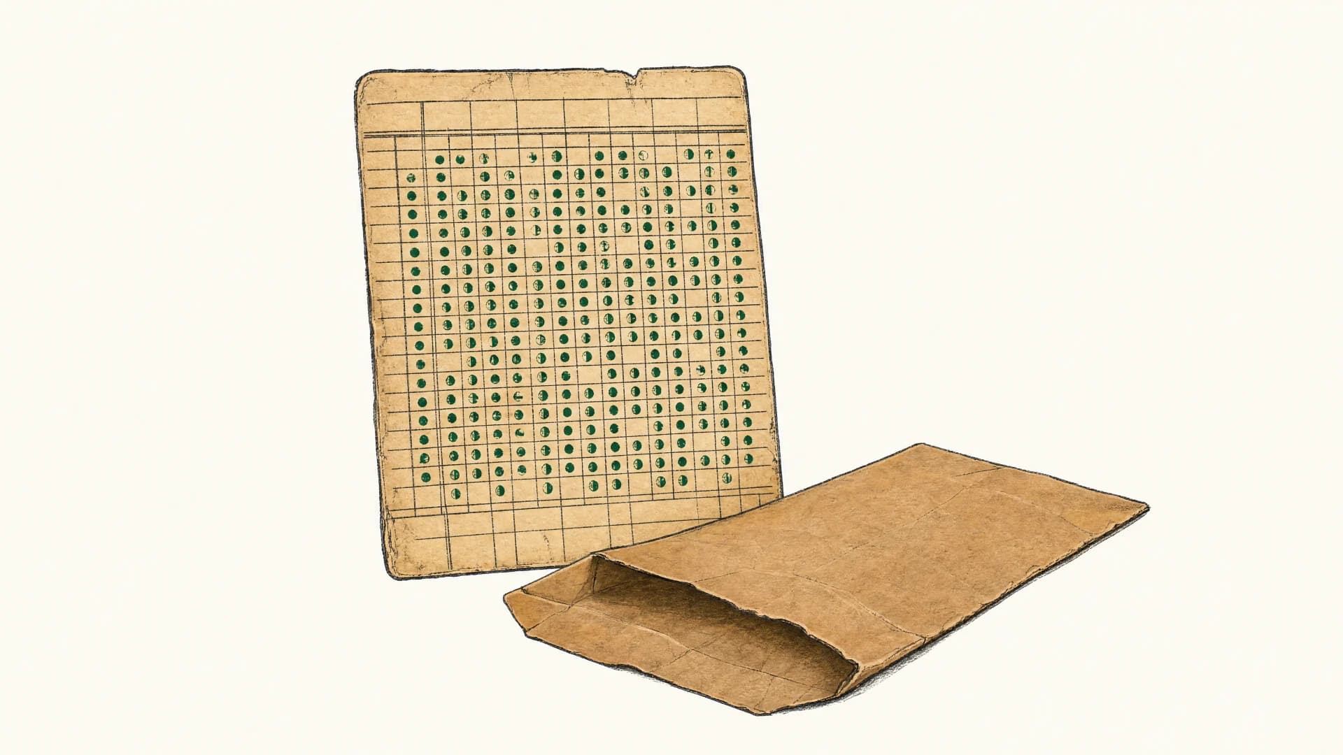 Illustration im Scheel-Stil: eine randvoll gestempelte Stundenkarte neben einer leeren, schlaffen Lohntüte. Sinnbild dafür, dass du alles gibst und wenig zurückkommt.