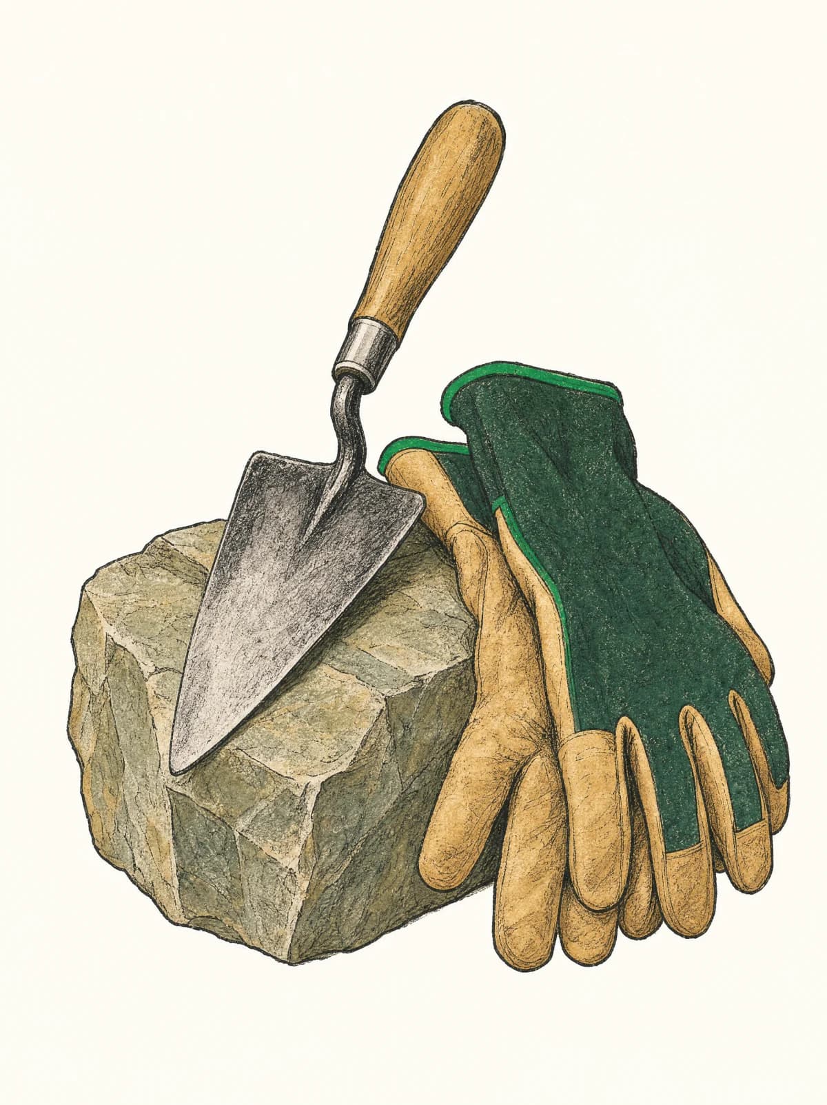 Illustration im Scheel-Stil: ein behauener Naturstein, eine Maurerkelle und Arbeitshandschuhe als Stillleben. Sinnbild für echtes Handwerk an einer sinnvollen Aufgabe.