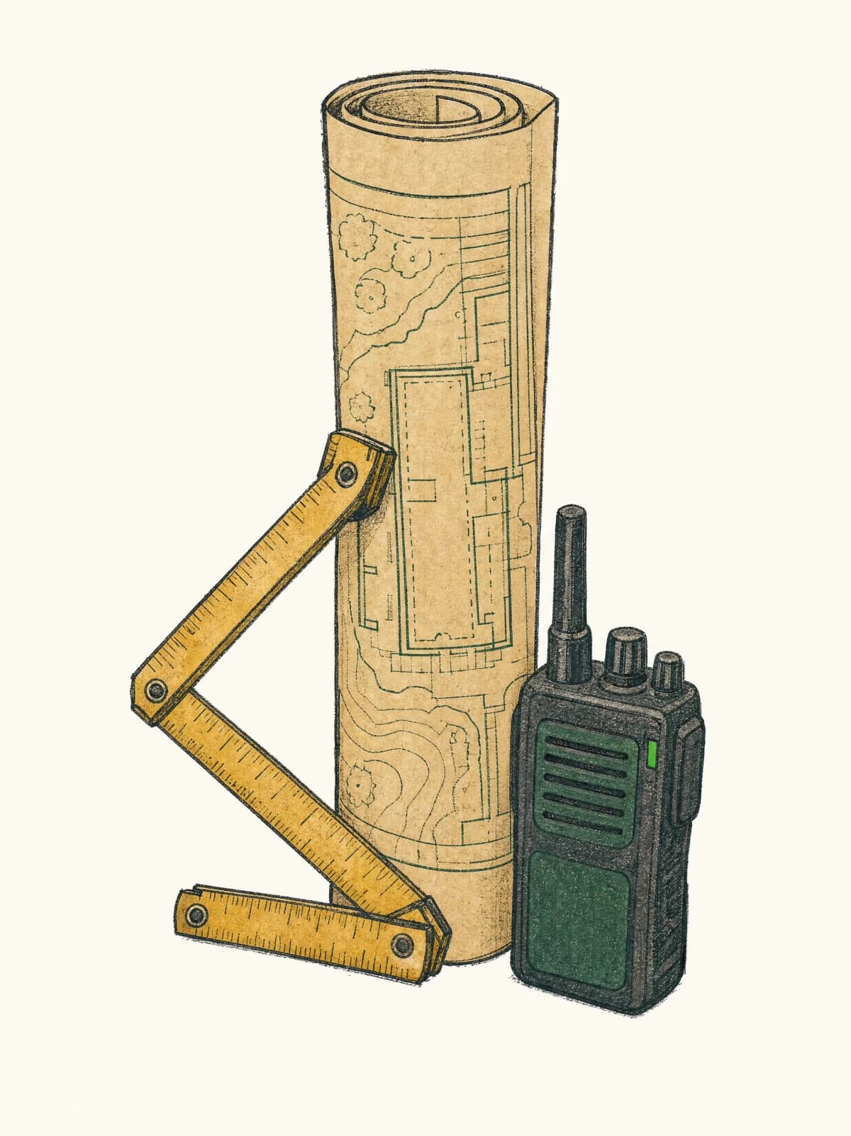 Illustration im Scheel-Stil: ein aufgerollter Bauplan, ein Zollstock und ein Funkgerät als Stillleben. Sinnbild für die Vorarbeiter-Rolle als Führungsposition.